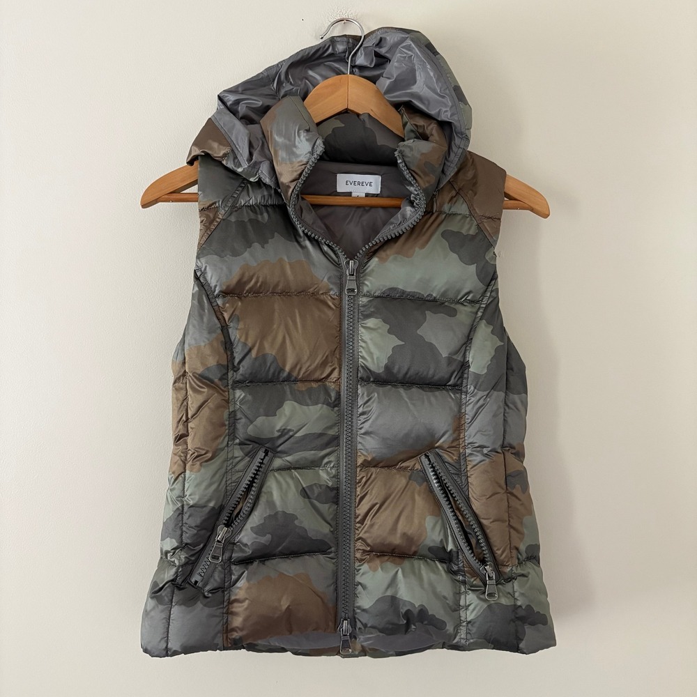 Evereve Puffer Vest Small Green Camo Down Filled Removable Hood